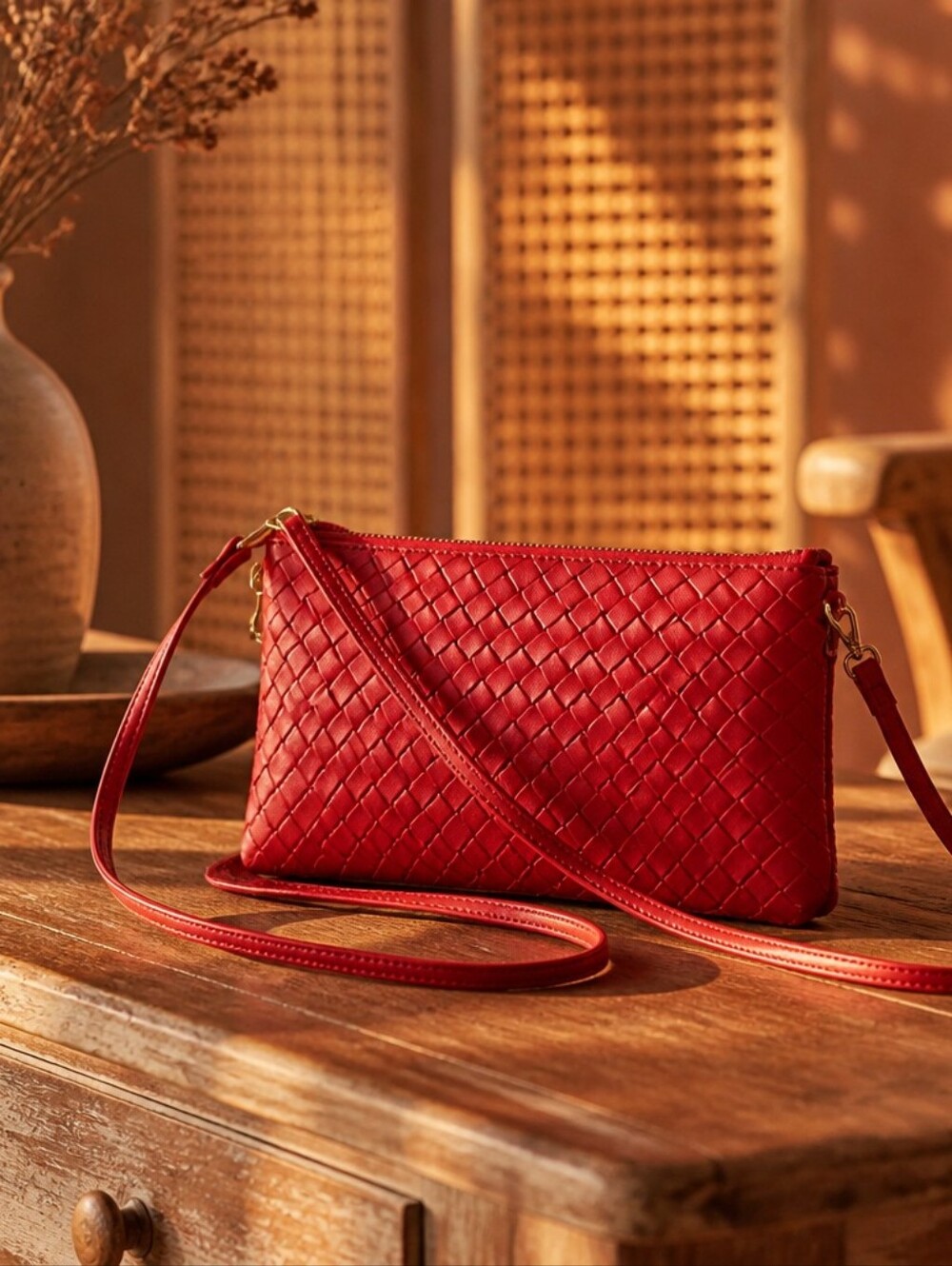 Cherry Red Woven Crossbody Bag Purse Multiple Compartment Compact Purse Wallet